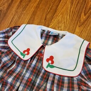 Vintage 80s Melissa Jackson Dress Girls 10 Red Green Tartan Plaid Sailor Collar